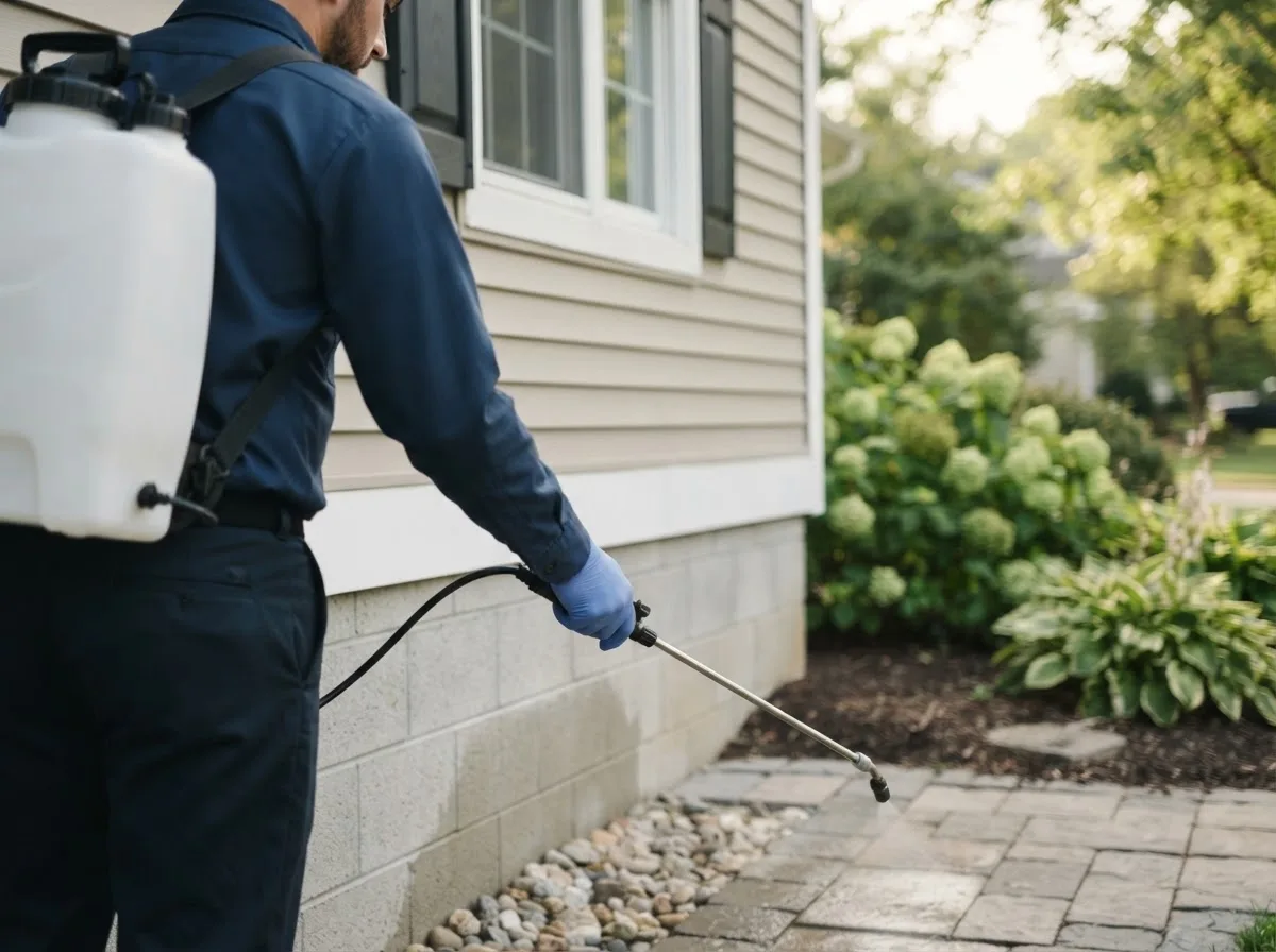 Pest control technician inspecting a home in Rosedale, WV